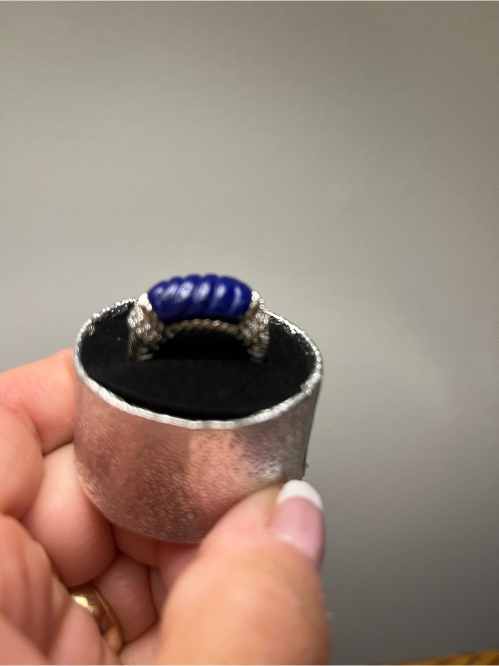 Judith Ripka Sterling Silver Carved Lapis with CZ’s ring